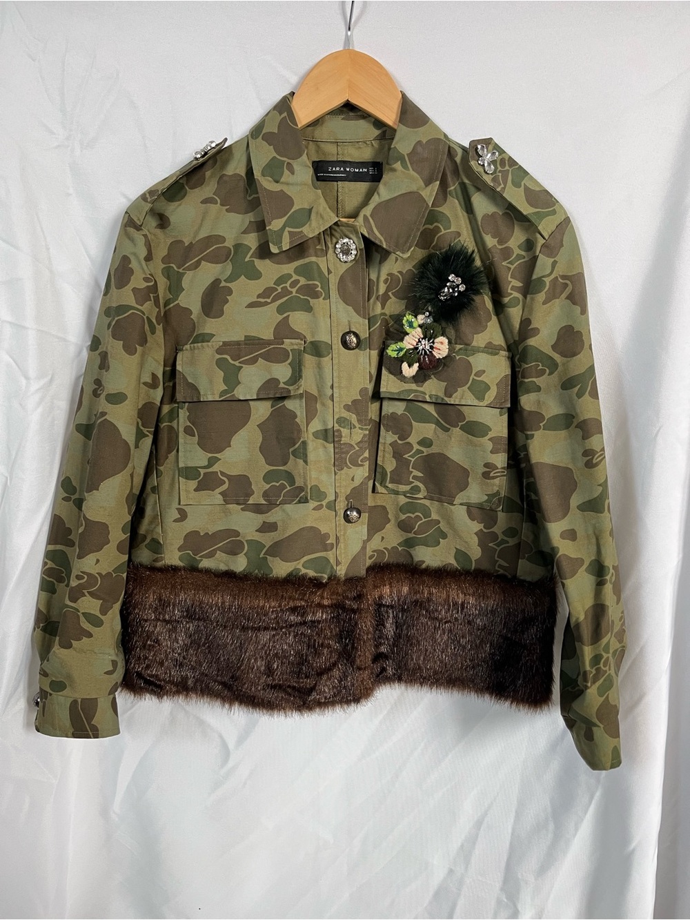 Zara Woman Olive Camo Button-Up Jacket with Crystal Detail